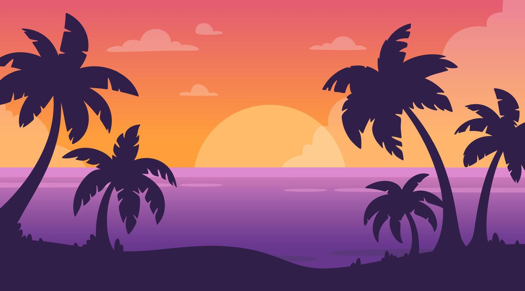 Sunset beach scene. Tropical evening paradise background with seawater, palm trees, sand. Palm silhouette on colorful sky. Evening ocean breeze. Nature summer sunset. concept vector