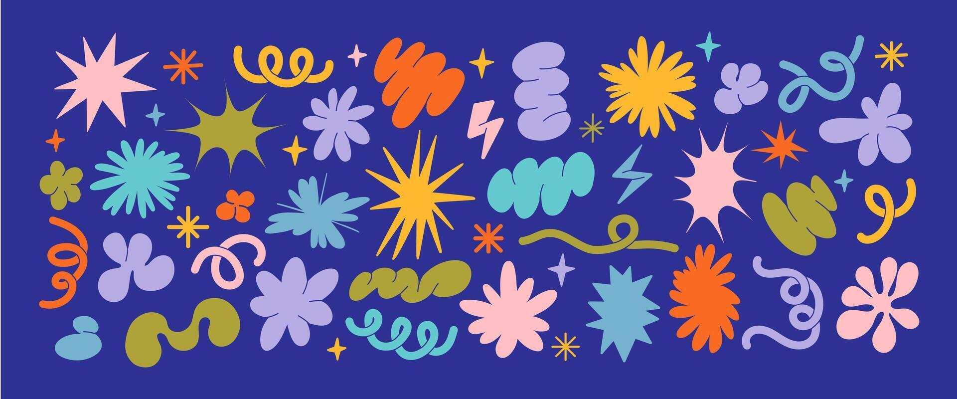 Abstract shapes. 90s cloud, flowers and elements sticker. Retro groovy y2k various doodles, curly, spiral, wavy forms. Trendy funky star, lines, brutalist bubble minimal shape. 80s simple set vector