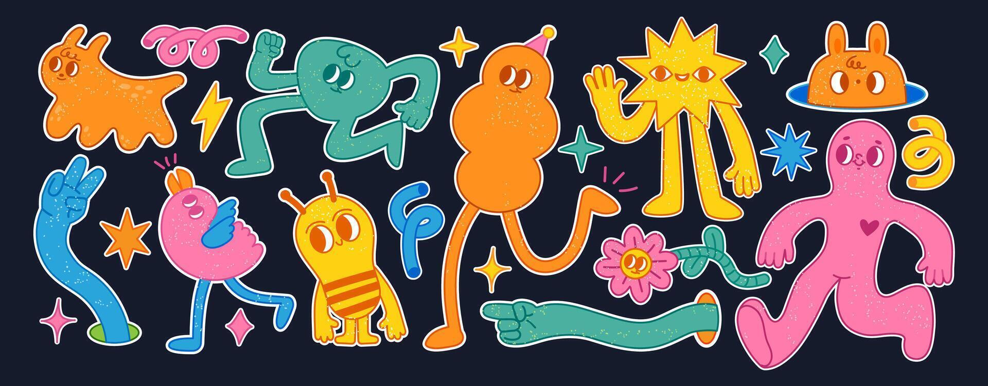 Funny abstract characters. Cartoon comic shape with faces and different emotions. Retro funky strange animal, flower. Amorphous psychedelic character set vector