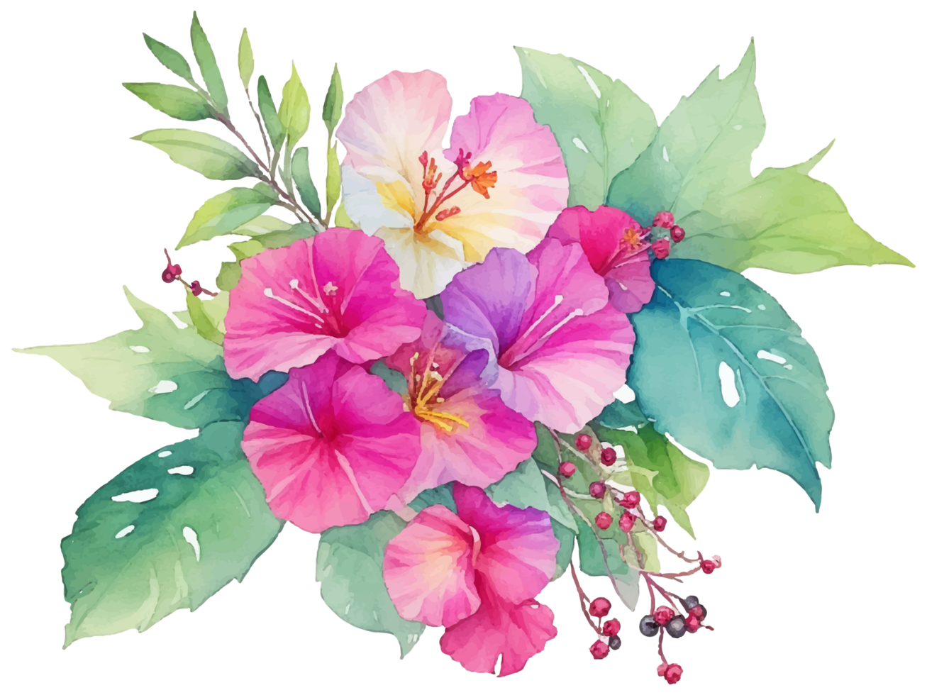 Watercolor red and pink hibiscus with green leaves bouquet flower illustration. png