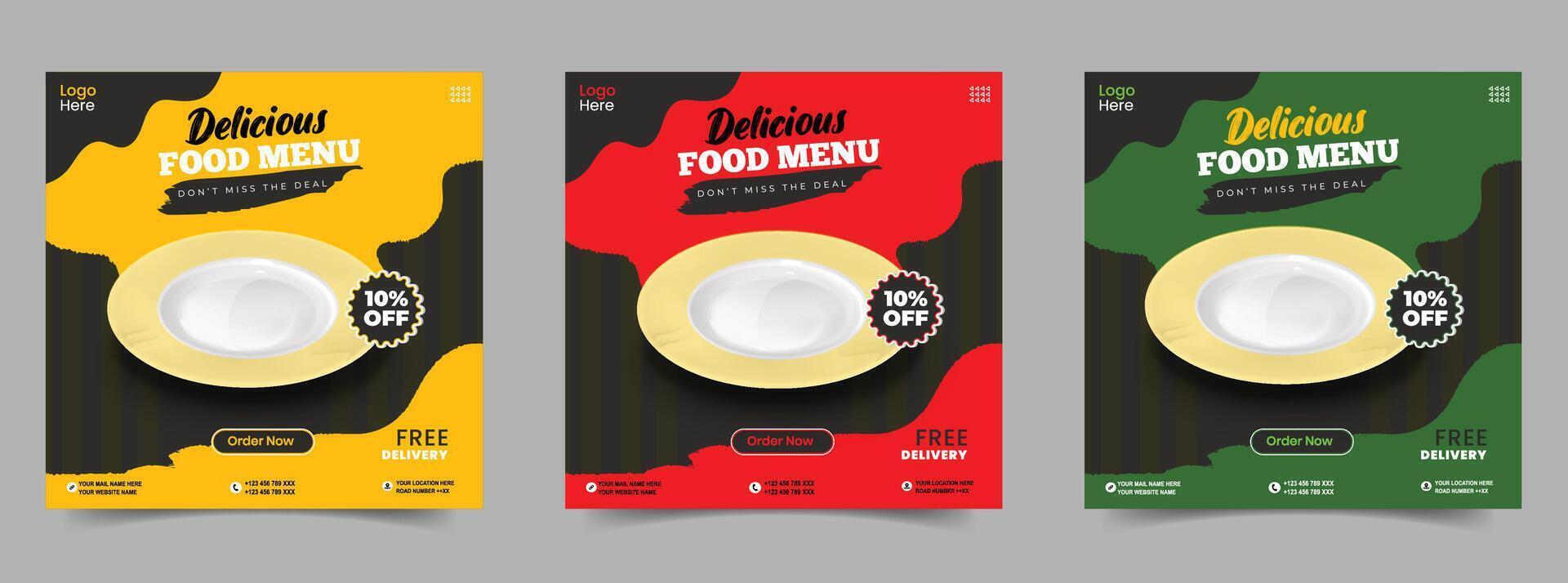 Fast Food restaurant social media post or web banner template design. Food menu banner and poster ads with Plate. Restaurant business promotion flyer or Poster template design. for post, web and ads vector