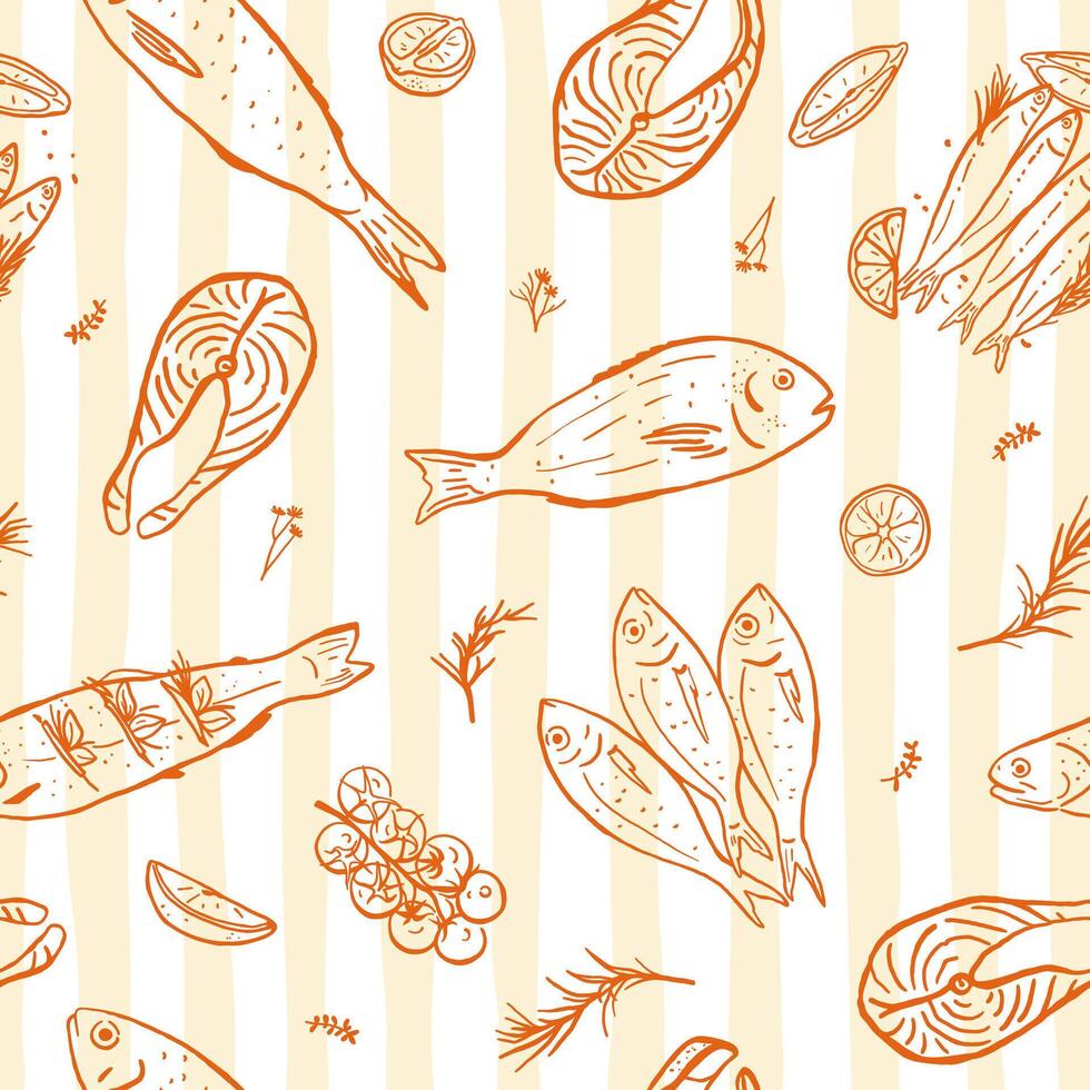 Seamless pattern with hand drawn different fish on striped background. Monochrome seafood design for wrapping paper, textile, menu, cover vector