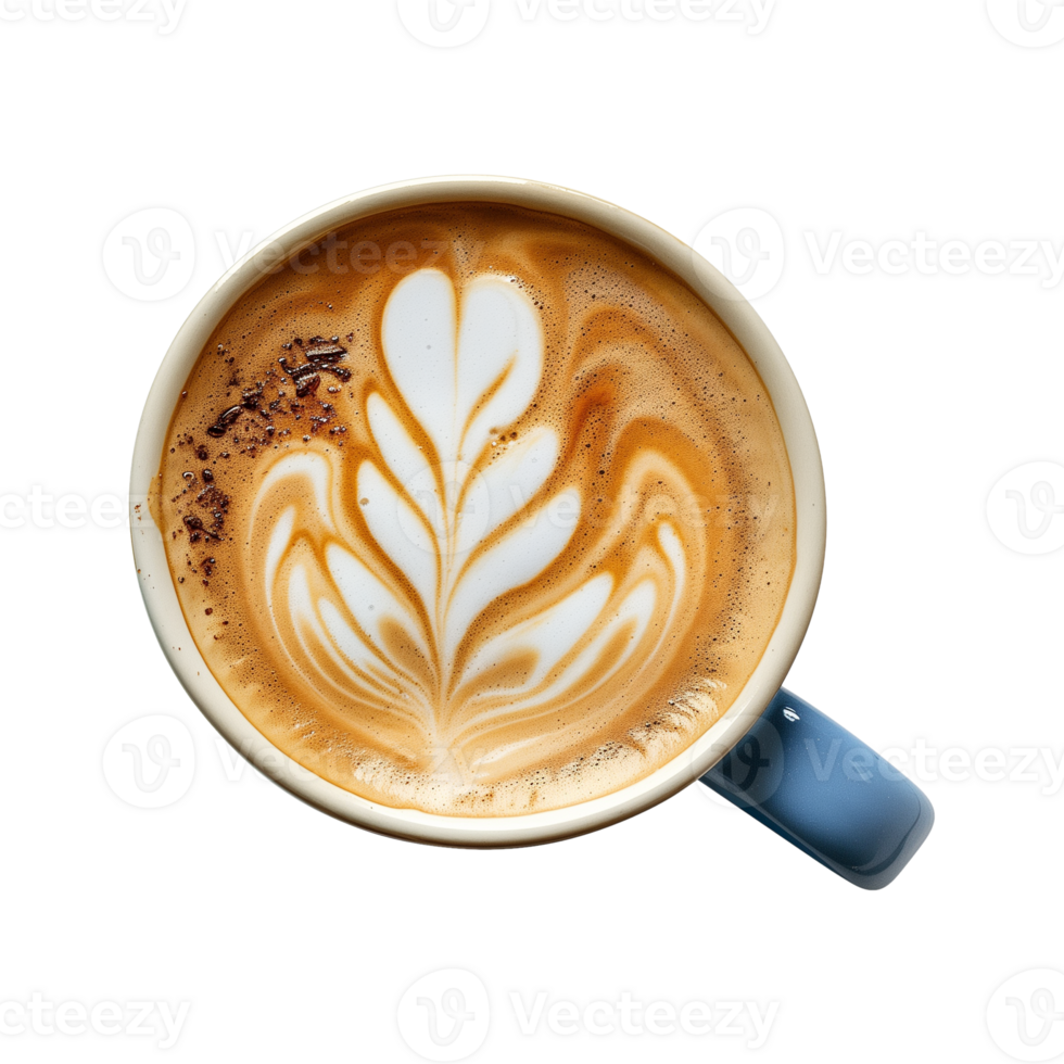 hot coffee latte with beautiful milk foam latte art texture isolated on a transparent background, top view, cut-out png