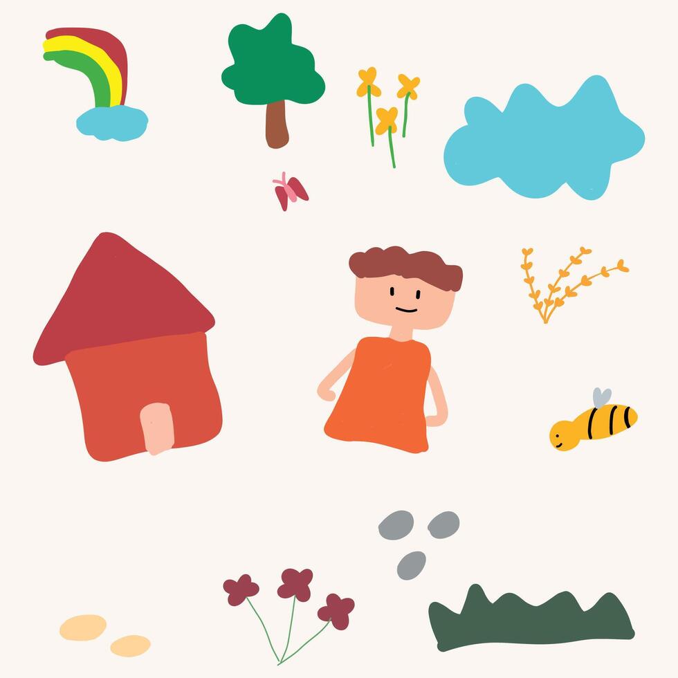 Cute children's drawing, kids doodles illustration vector