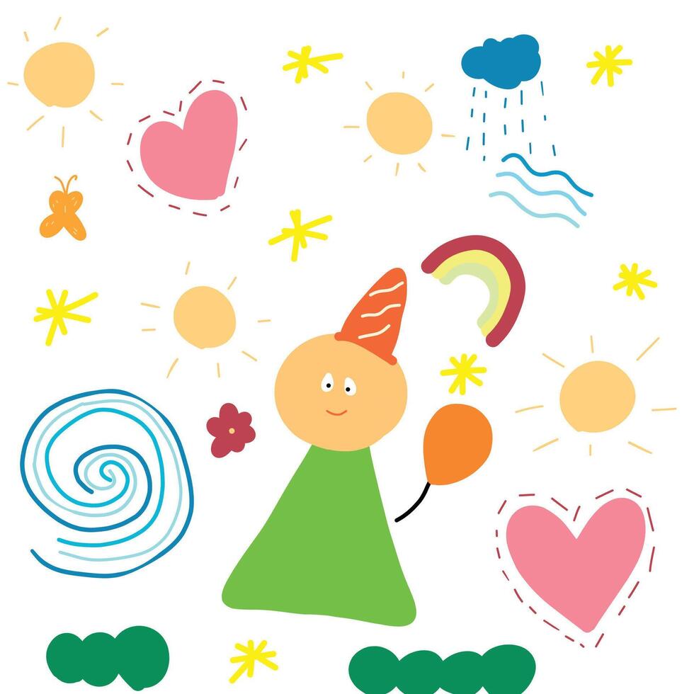 Cute children's drawing, children doodle colorful illustration vector