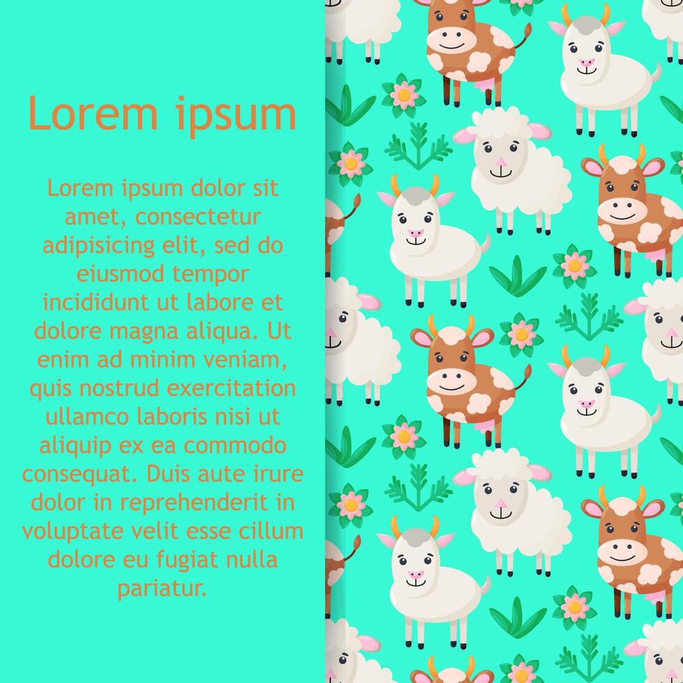 Cute farm animals, grass and flowers isolated background. Childrens seamless pattern. simple cow, sheep, goat. Illustration of funny characters. vector