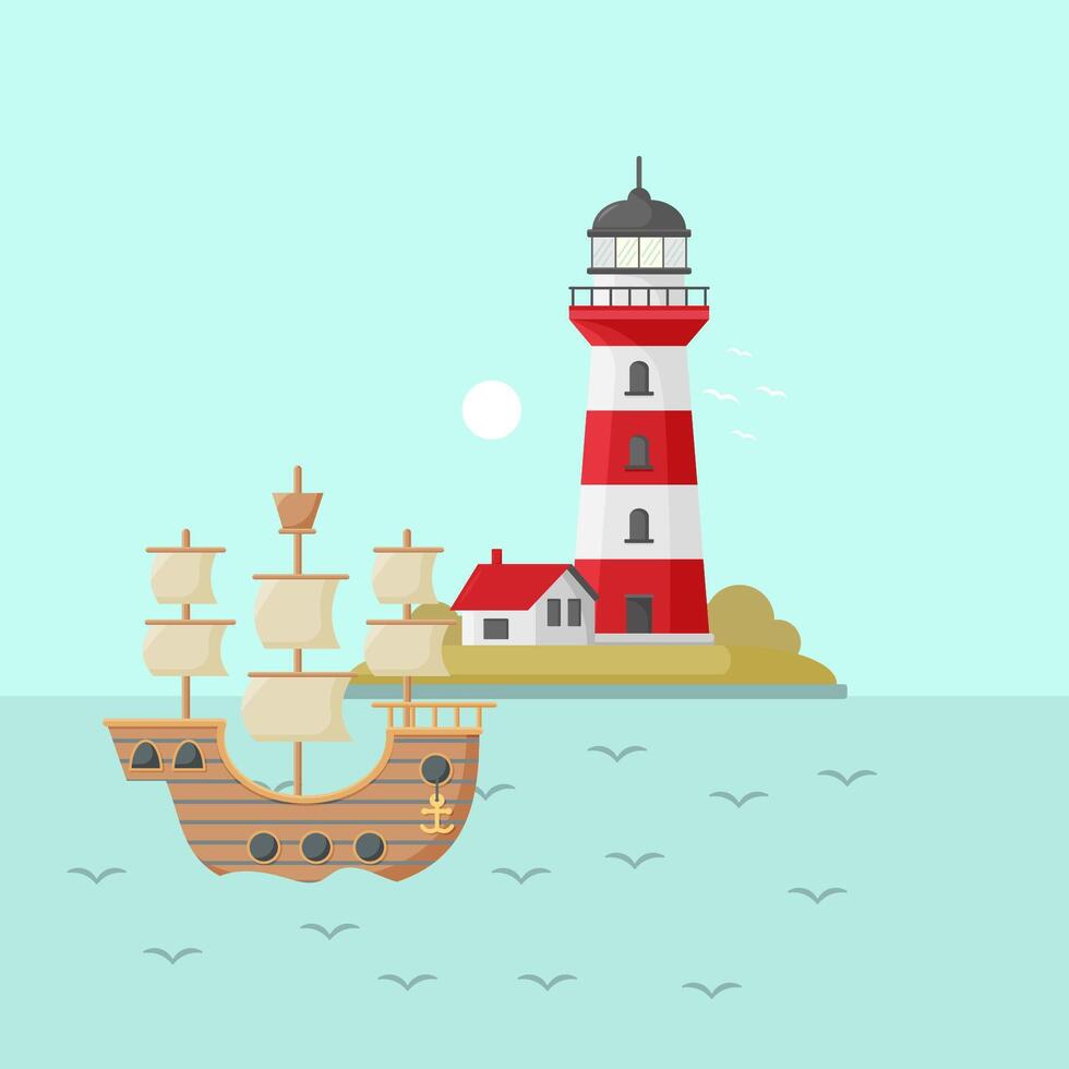 sea with lighthouse on rock stones island. ship on water. Nature or marine design. Flat style. illustration with sky background. vector