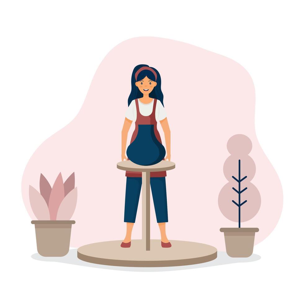 Ceramic craft master, ceramics pottery. The girl is engaged in pottery. Clay crafting. Work on the pottery wheel. Handwork, handcraft, hobbies. vector