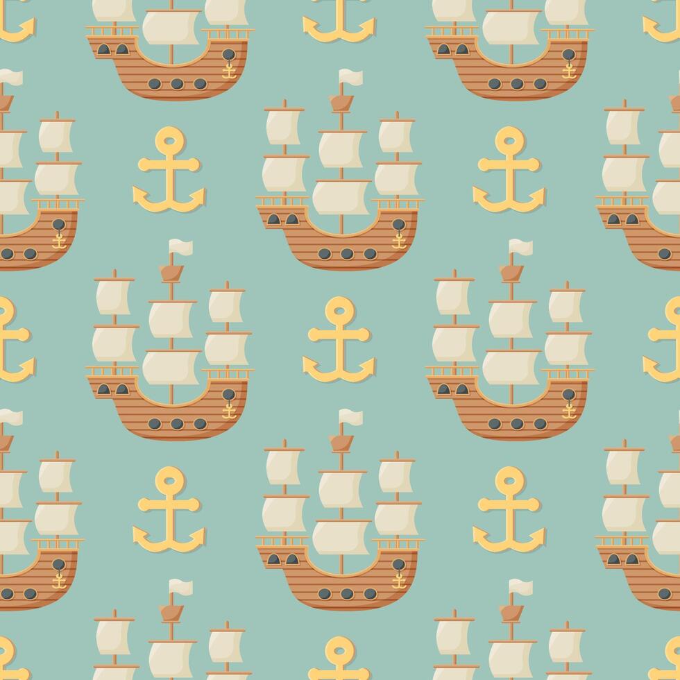 seamless pattern on the theme of sea travel with sailing ships. Sea objects on background in retro style. vector