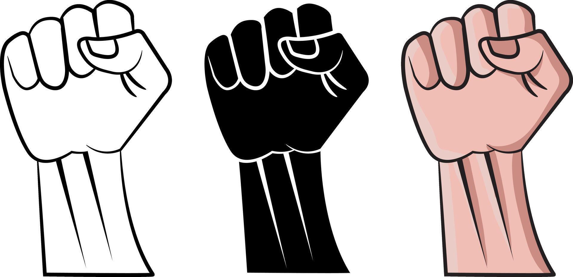 Set of raised fists in colour, back and white and white and black vector