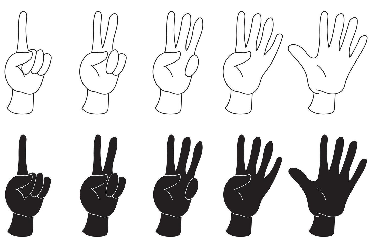 Set of Hands with fingers counting One to Five in Black and white, white and black and black stoke on transparent isolated on a white or white background vector