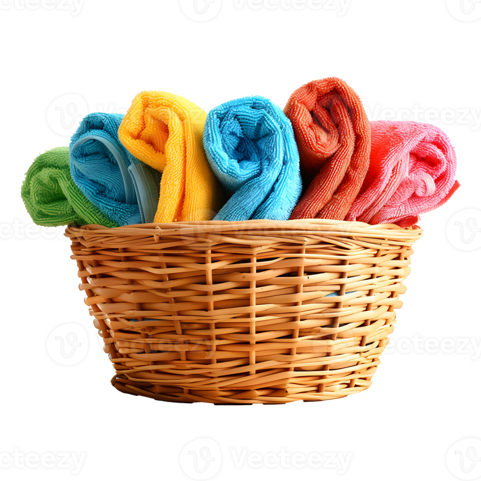 Basket of clean towels on a wooden table isolated on transparent background png