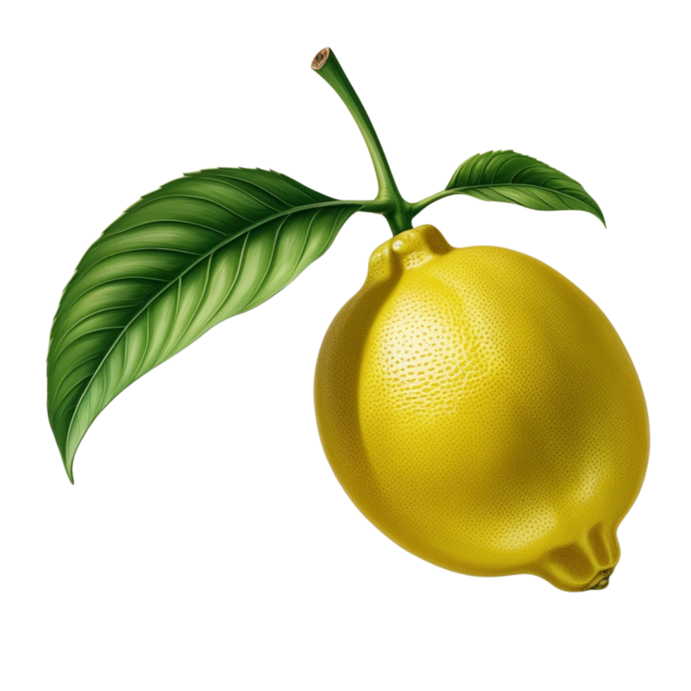 Lemon with two fresh leaves png