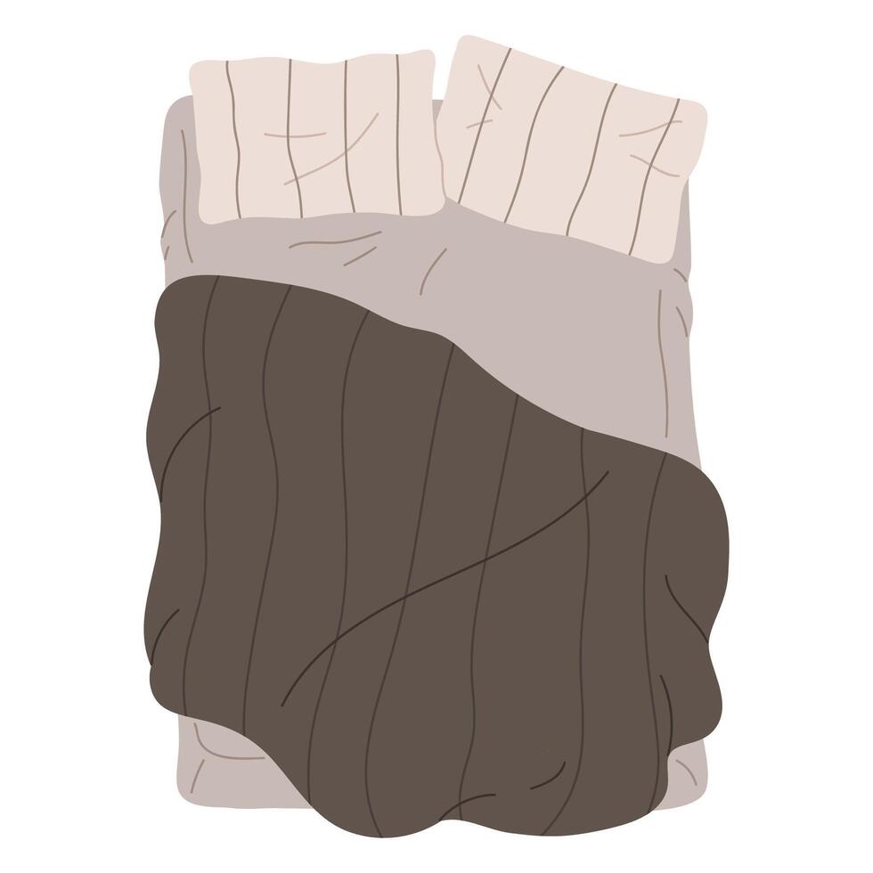 Bed with beddings. Cozy bed with cotton blanket and pillows, modern bedroom furniture top view flat illustration. Comfortable bed view from above vector