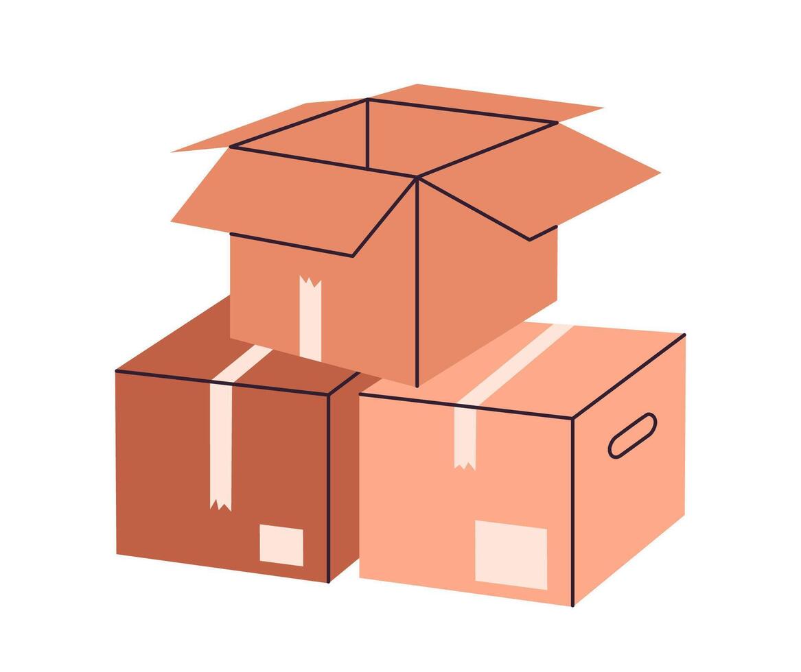 Cartoon boxes. Cardboard delivery boxes, open and closed shipping packages, parcel delivery boxes flat illustration. Carton boxes pile vector