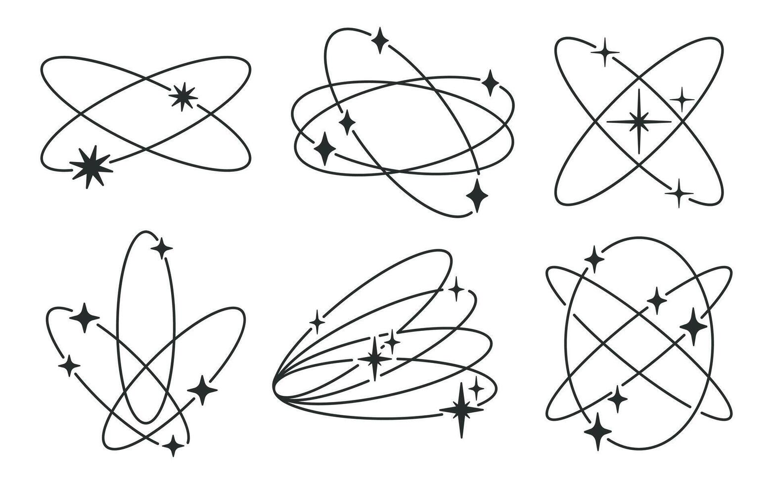 Oval y2k frames. Abstract minimalist outline shapes with stars and sparkles, modern geometric retro frames flat illustration set. Trendy Y2K aesthetic frames vector