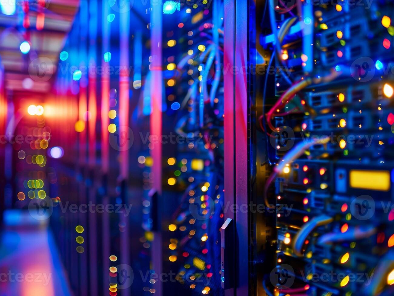 Server room with blinking lights showing modern technology photo