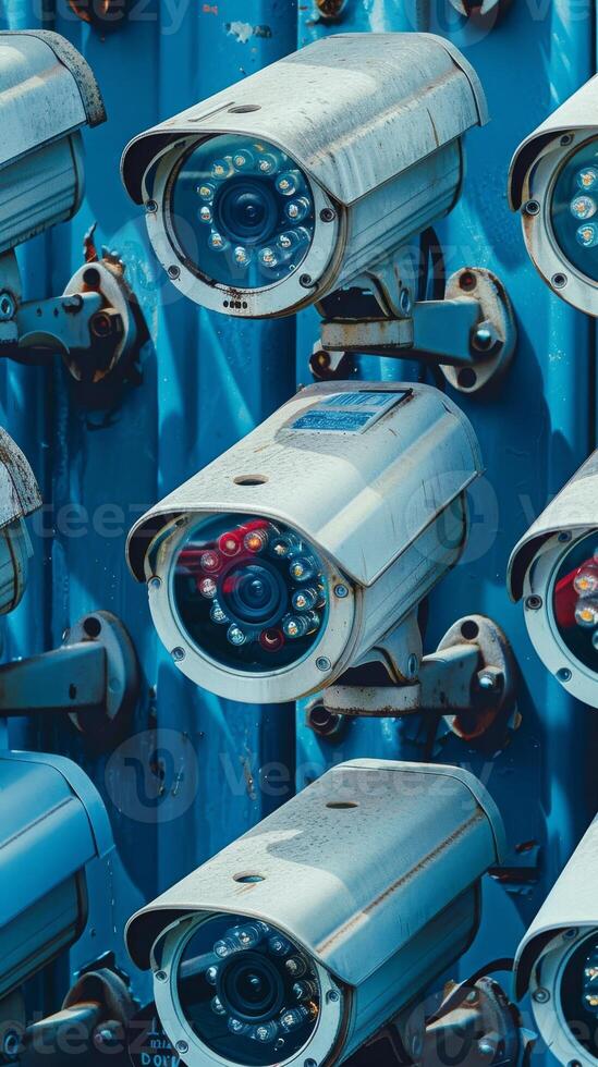 Security cameras mounted on blue wall providing surveillance photo