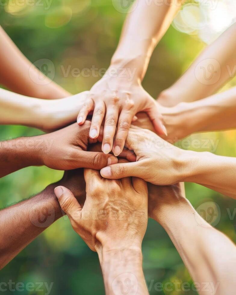 Diverse group of people joining hands in circle, symbol of teamwork and unity photo