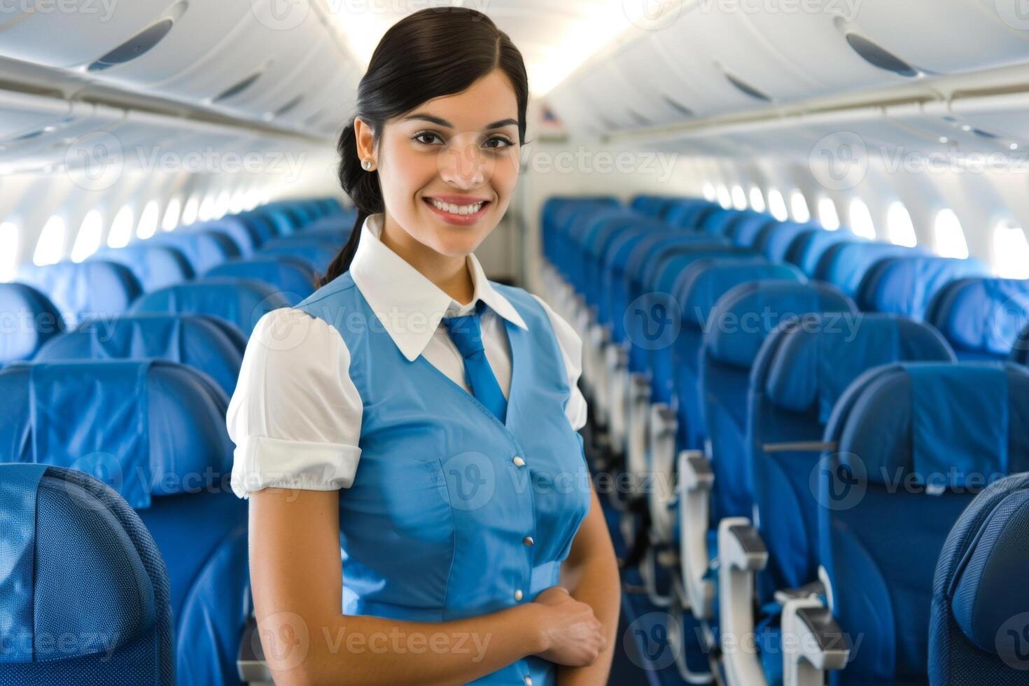 Young smiling air stewardess standing in airplane cabin aisle photo