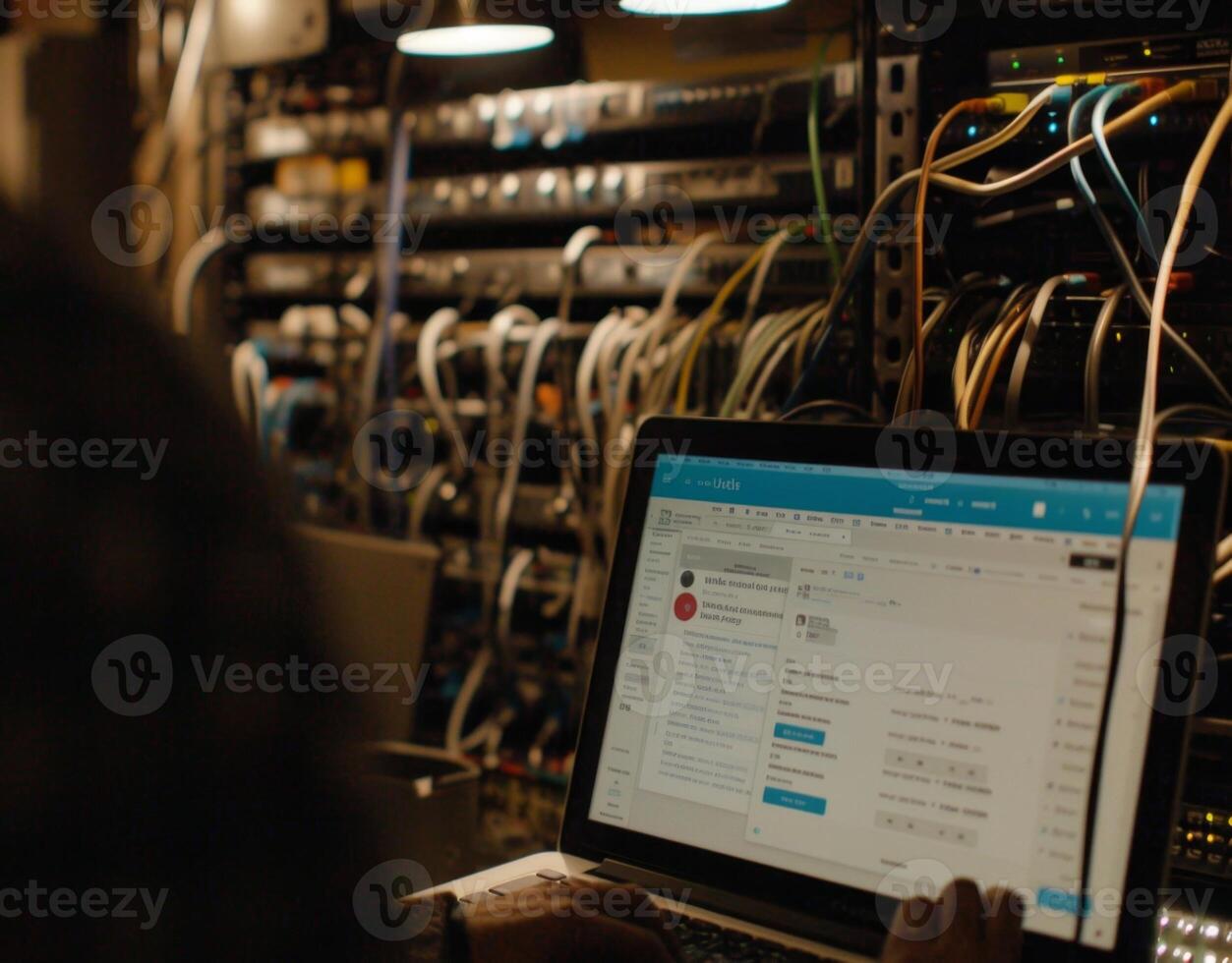 Network engineer working on laptop implementing firewall security photo