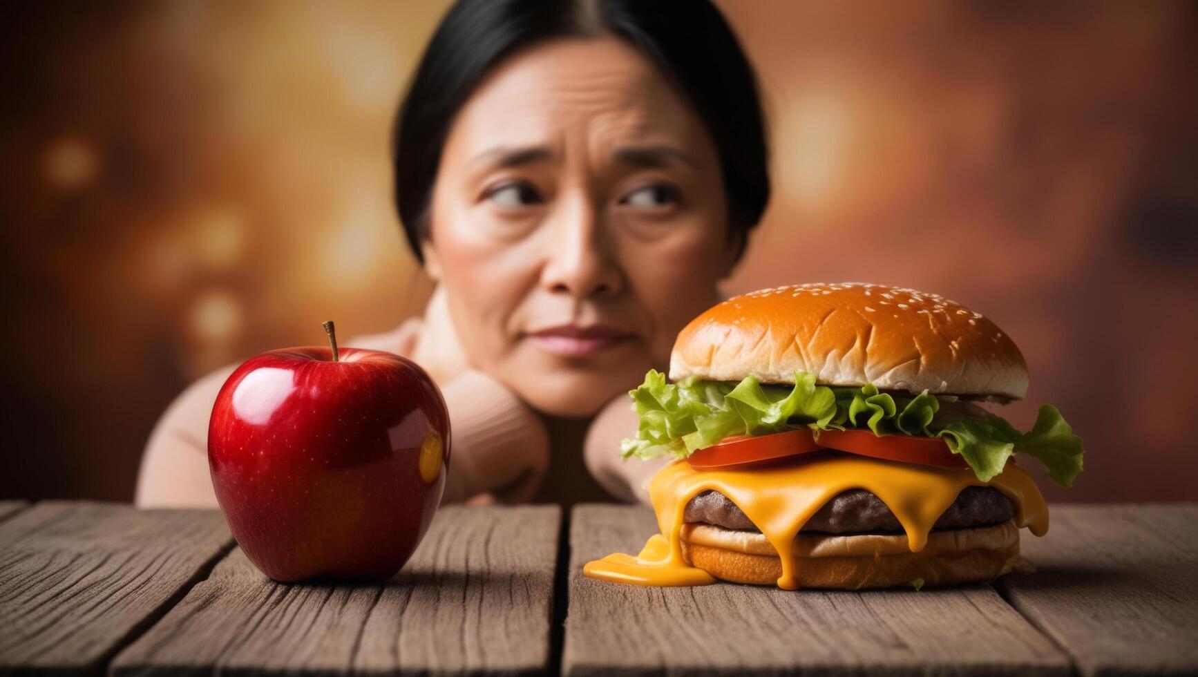 Decisions at the Table. Nutritious Apple or Junk Food Hamburger photo