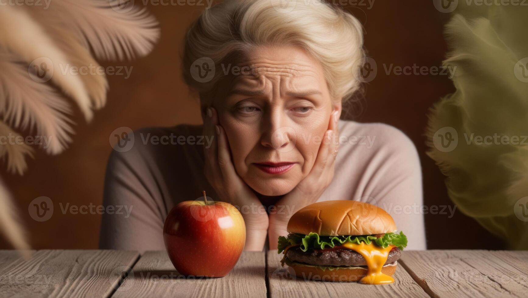 Decisions at the Table. Nutritious Apple or Junk Food Hamburger photo