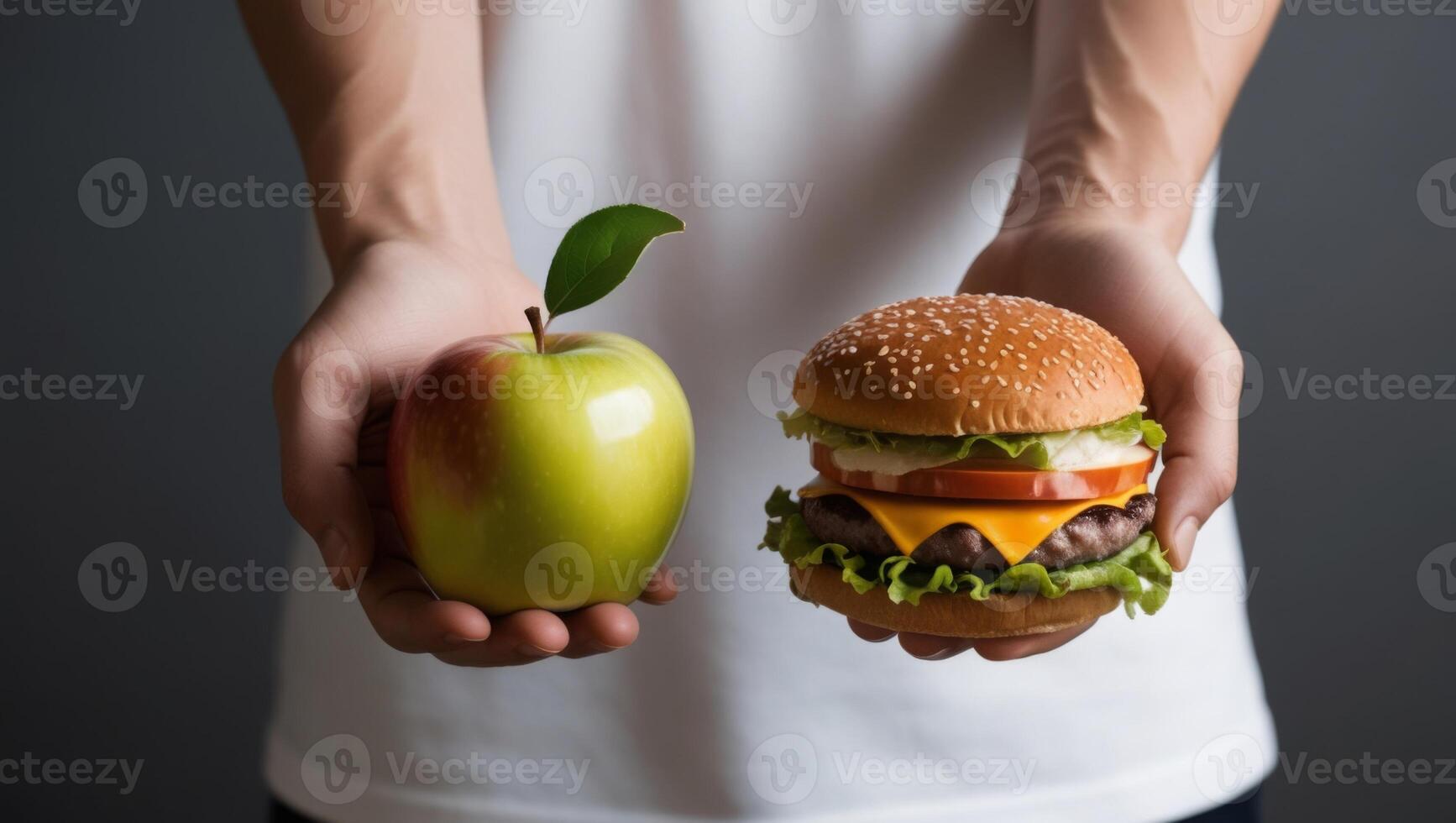 Decisions at the Table. Nutritious Apple or Junk Food Hamburger photo