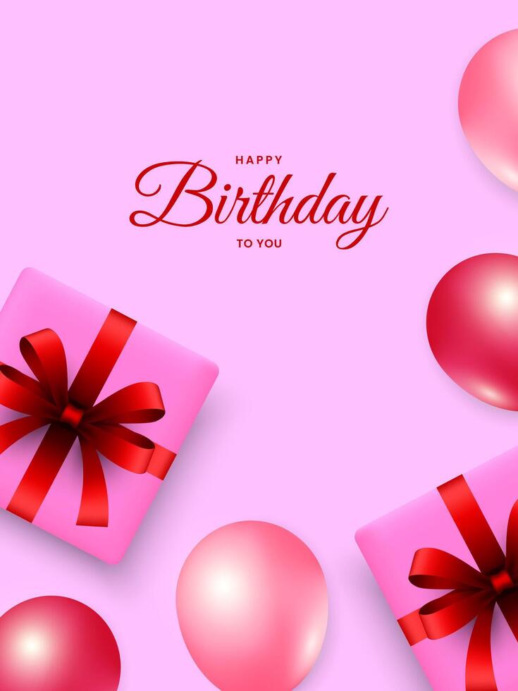 Happy birthday card design with balloons and gift box. Birthday greeting template for party invitation and celebration concept vector