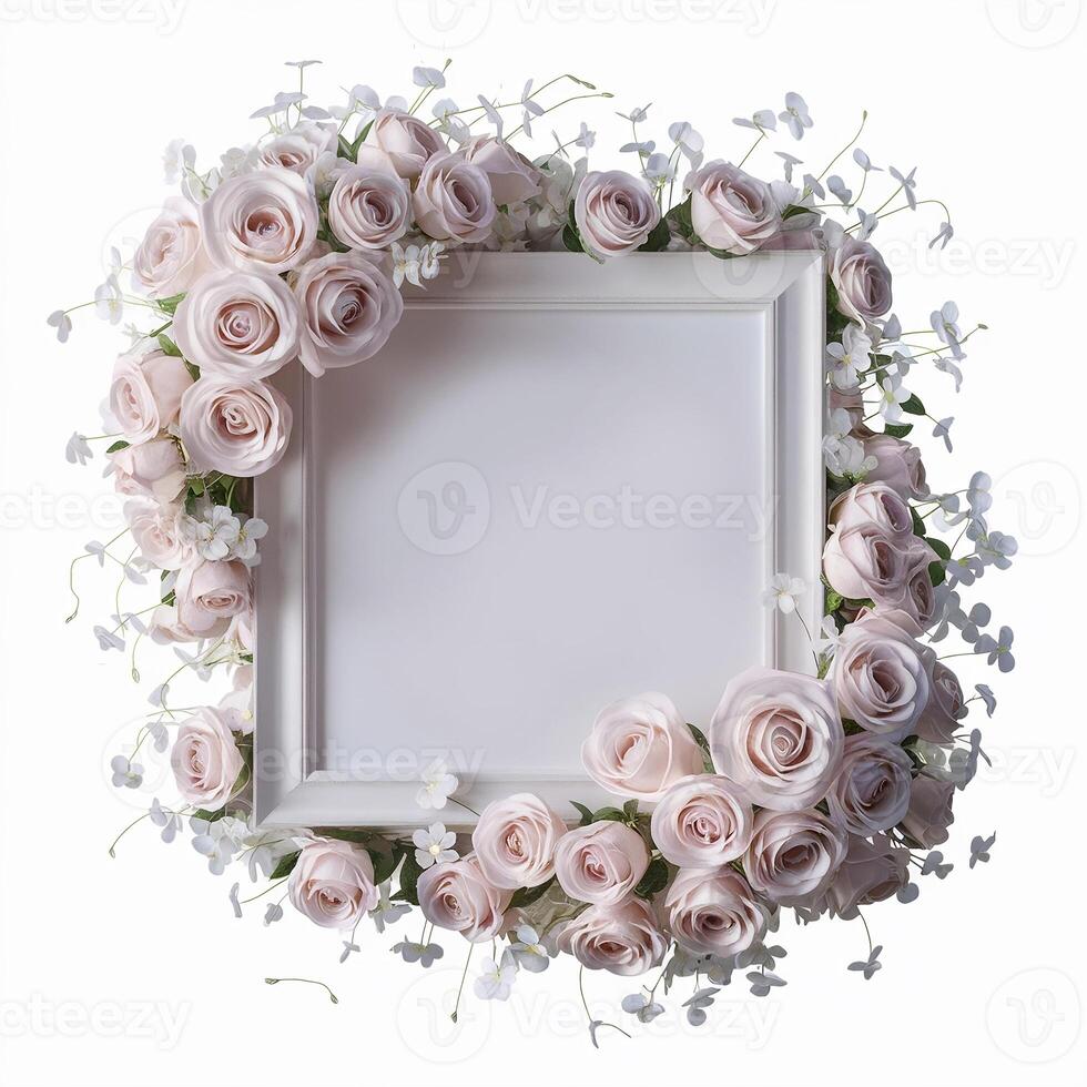 A dreamy white frame adorned with soft pink flowers, capturing the beauty and joy. Blank frame with isolated white background photo