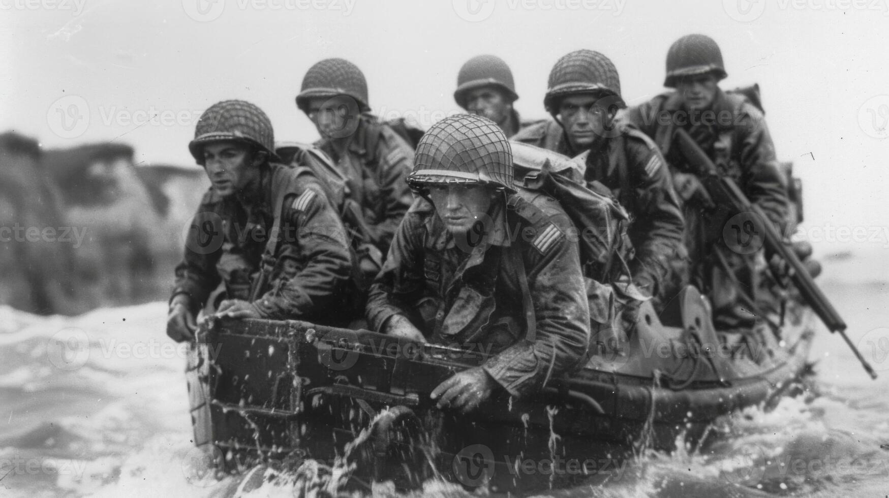 American soldiers navigating choppy waters in a landing craft during the d day invasion of normandy in world war ii photo