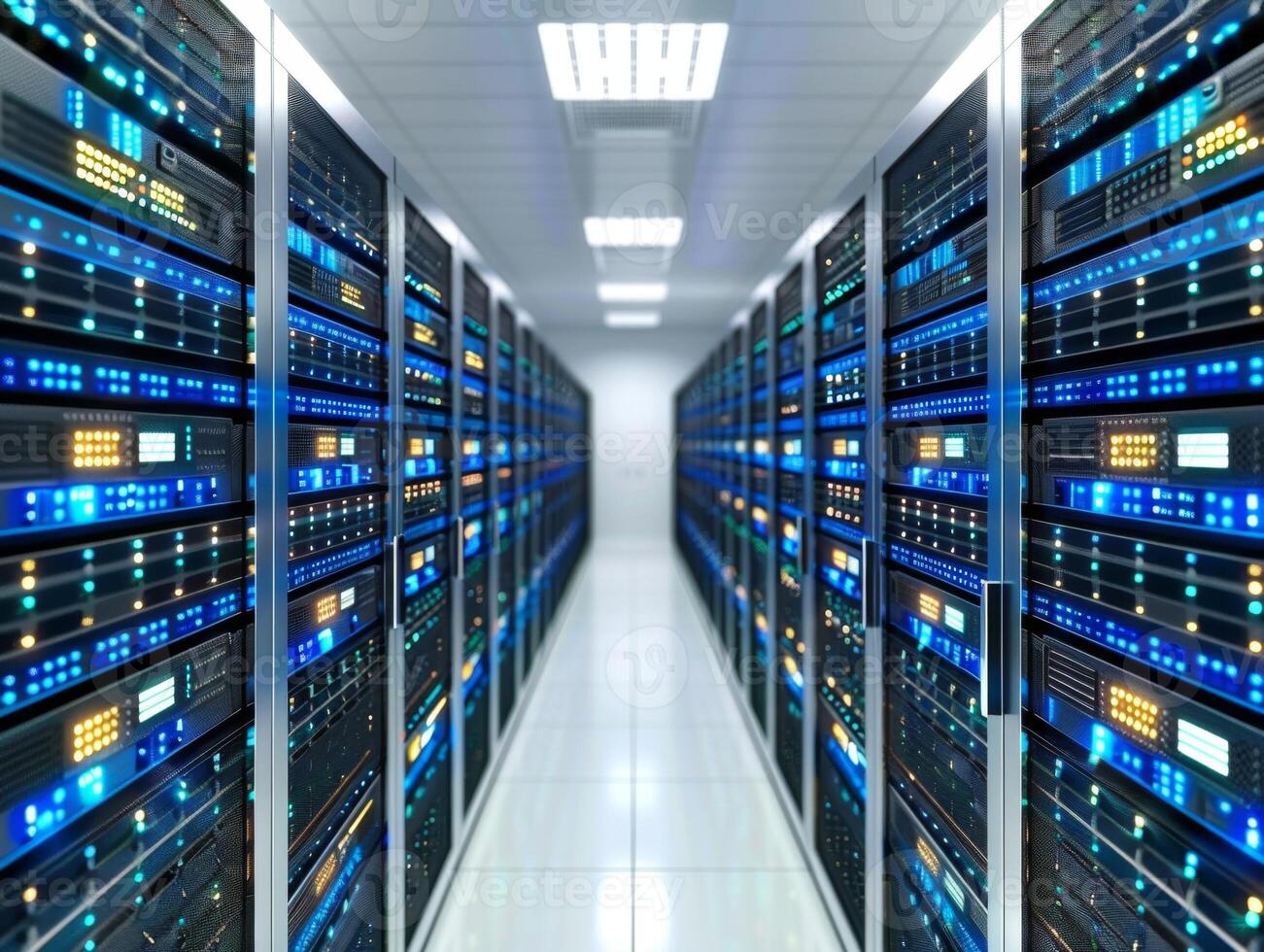 Server room with rows of working computer servers with blinking lights photo