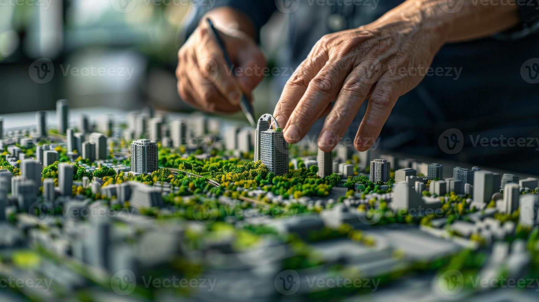 Urban planner arranging miniature buildings on detailed city model, highlighting green spaces and sustainable urban design photo