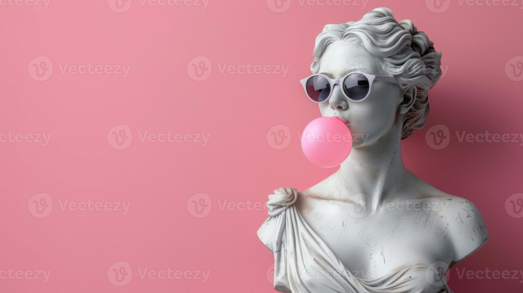 Vintage statue with white shades blowing pink bubble gum against a pink backdrop photo