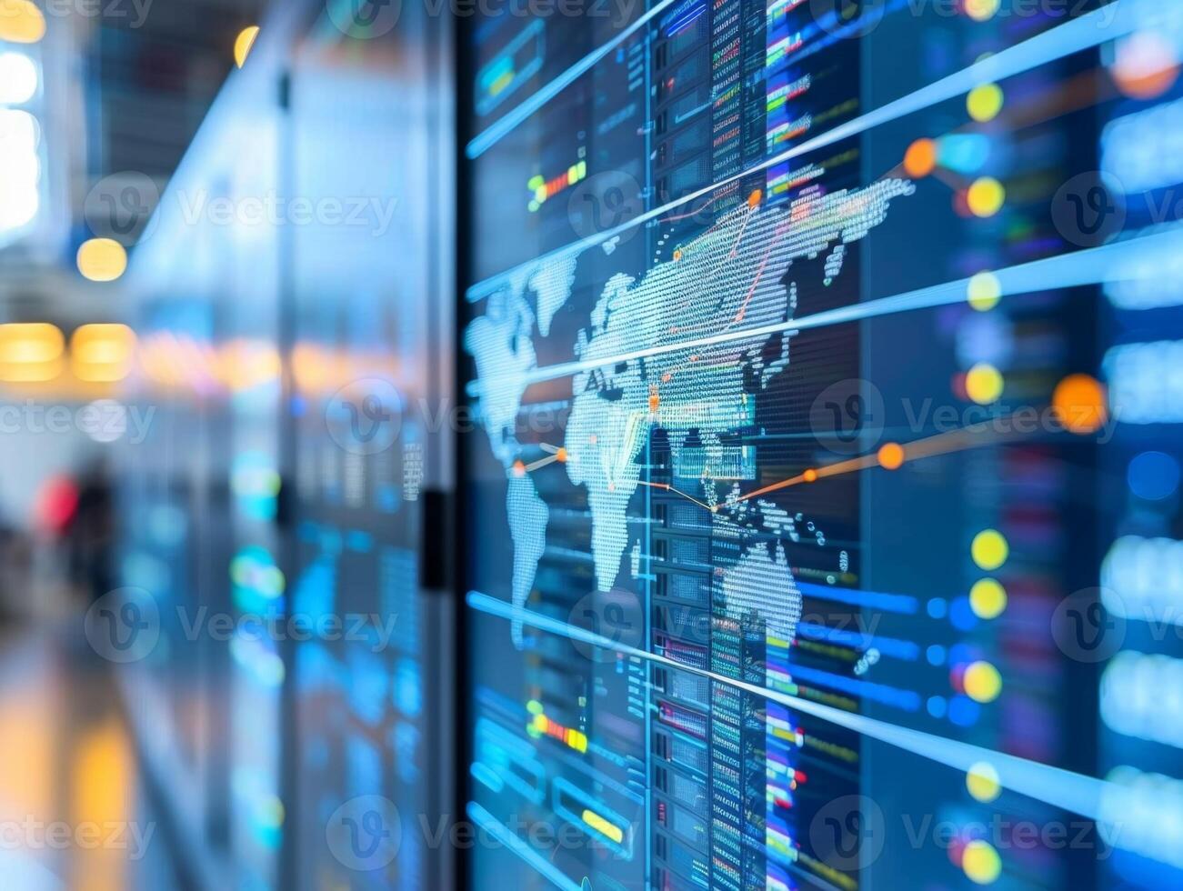 Server room displaying global network connections and data analysis photo