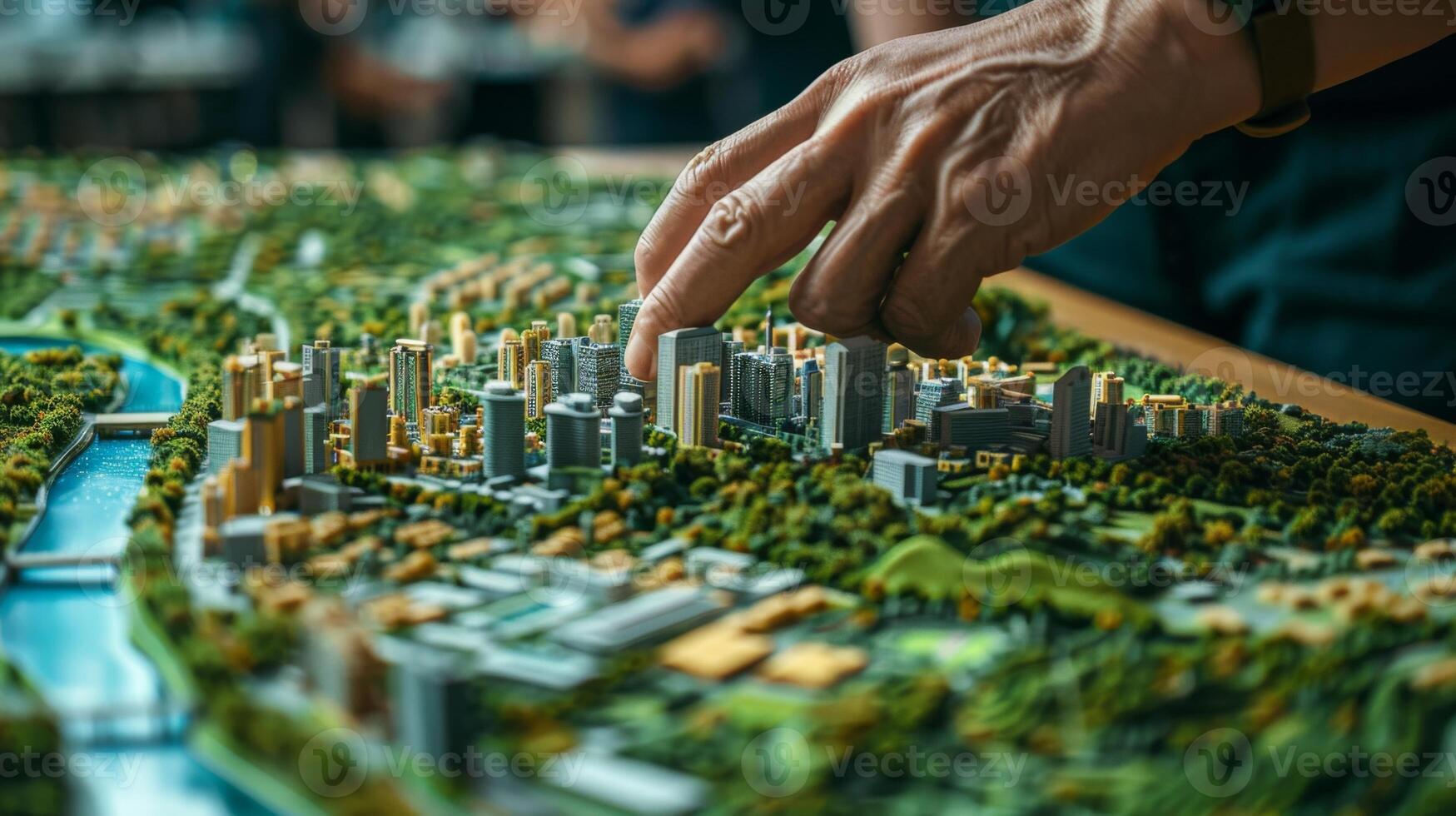 Urban planner is designing a modern sustainable city using a scale model, developing innovative solutions for a greener future photo