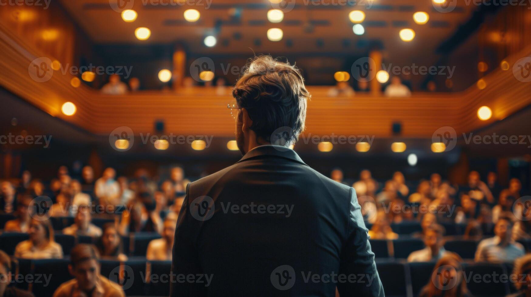Businessman delivers a lecture to a large audience from the stage photo