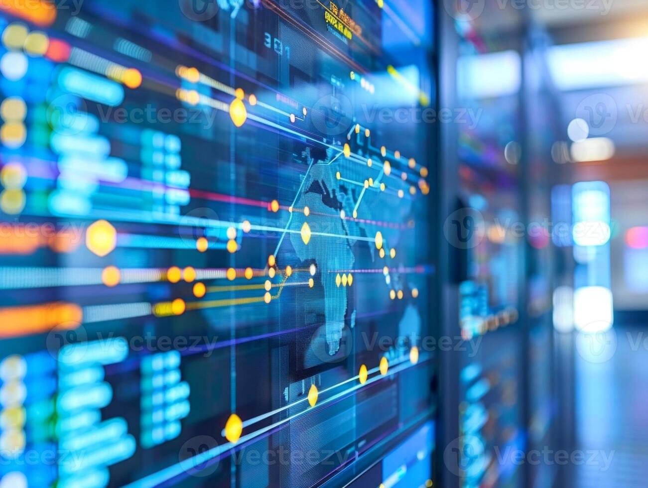 Global network displaying data from server room photo