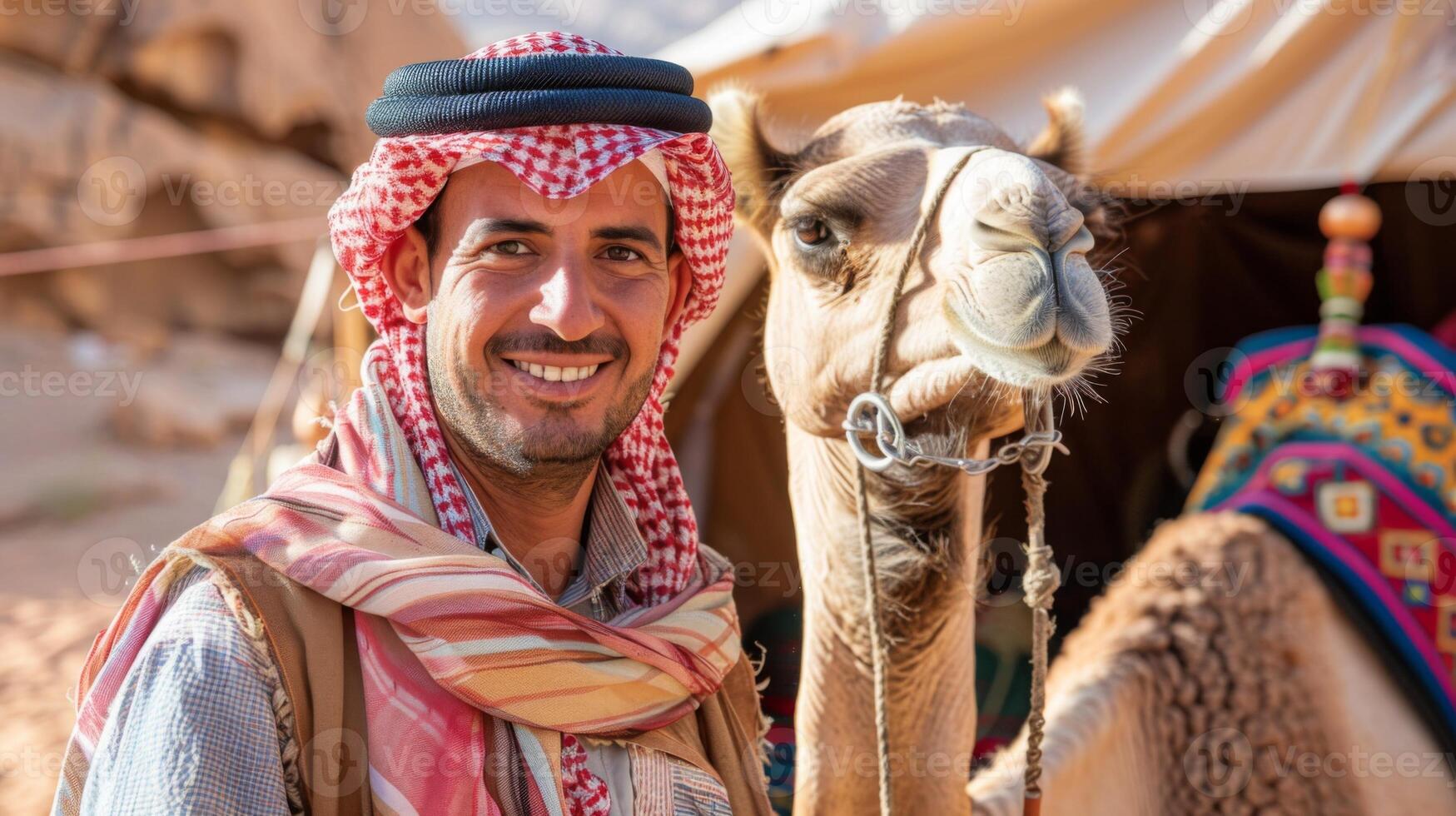 Smiling bedouin tour guide poses with camel in desert setting photo