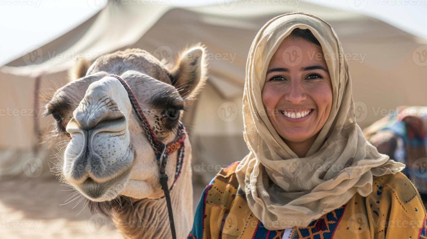 Tour guide woman in traditional attire poses with a camel and smiles in the desert photo