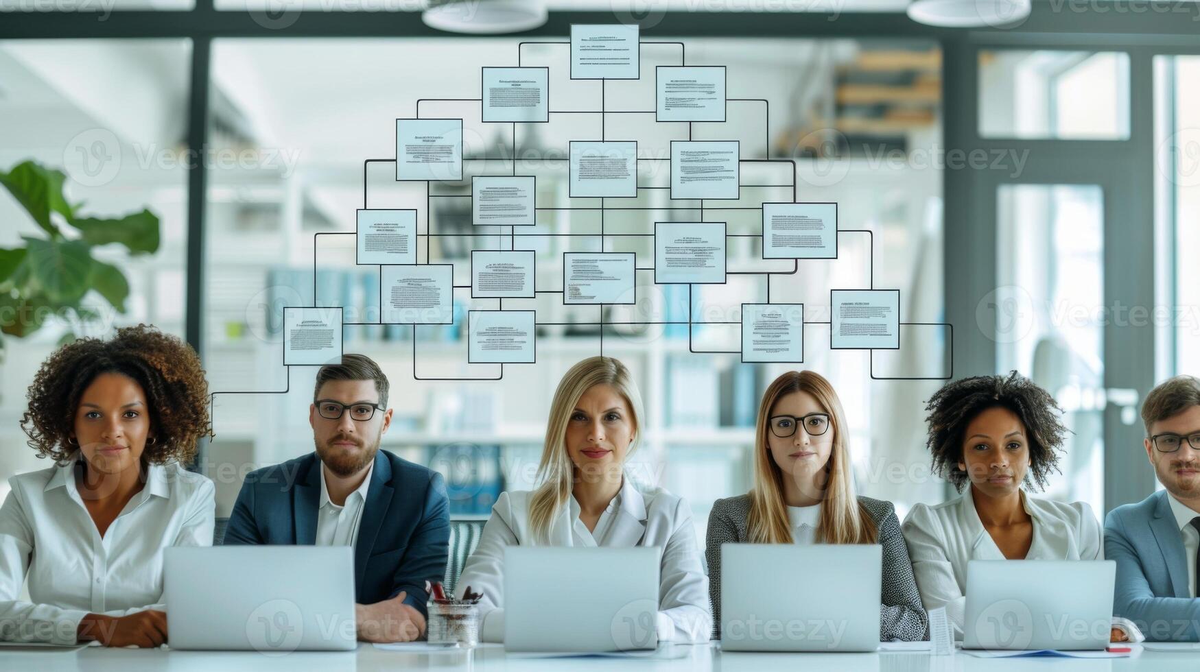 Diverse team of professionals is sitting at a table with laptops in a modern office, with a digital overlay of a corporate hierarchy chart photo