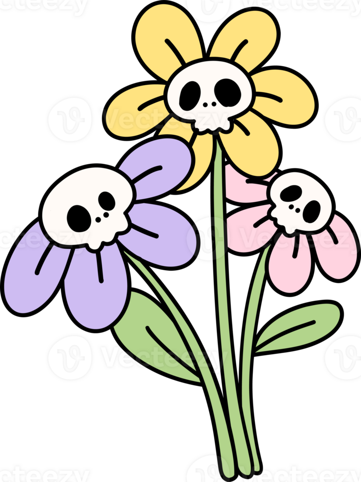 Cute Pastel Halloween skull flowers Groovy Retro Cartoon Character Girly Coquette Flower Doodle png
