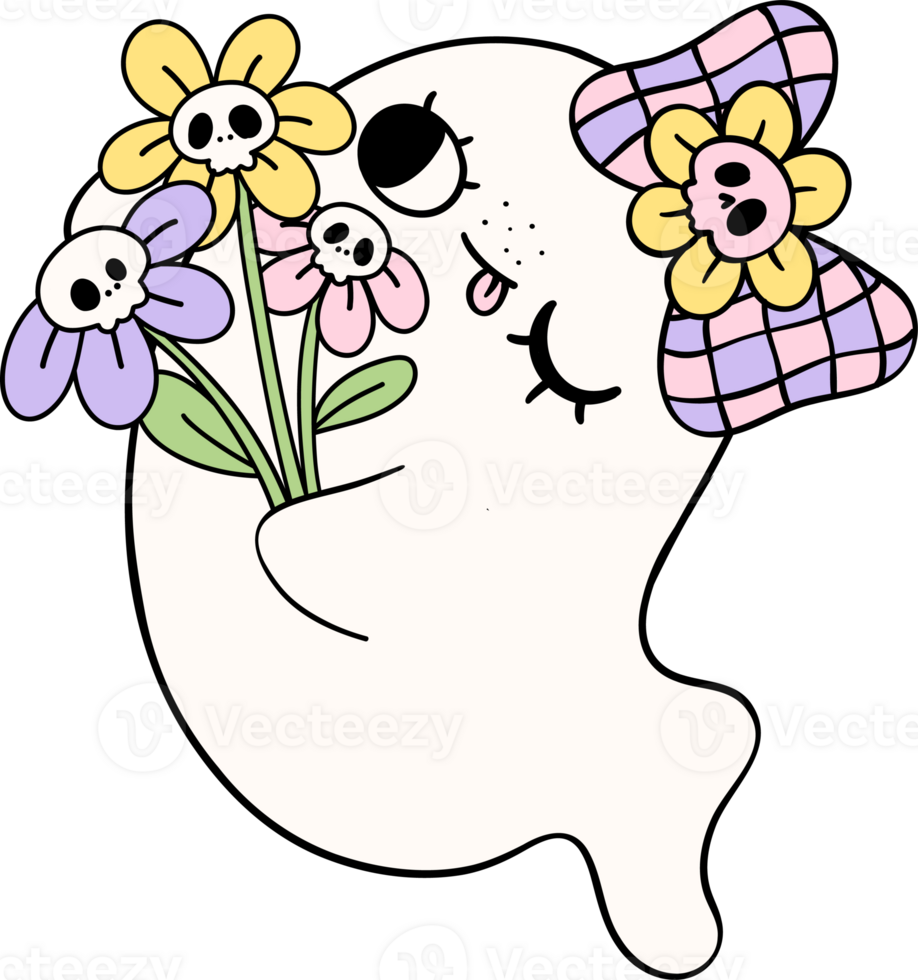 Cute Pastel Halloween Floral Ghost Groovy Retro Cartoon Character Girly Coquette Flower Doodle png