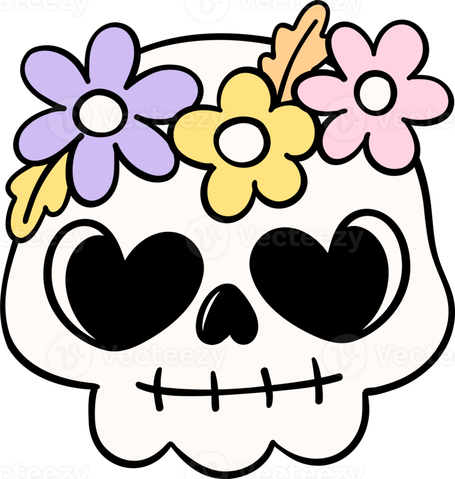 Cute Pastel Halloween skull Groovy Retro Cartoon Character Girly Coquette Flower Doodle png