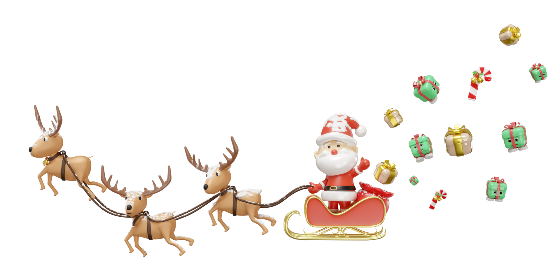 3d reindeer with santa claus, sleigh, gift box isolated. merry christmas and happy new year, 3d render illustration png