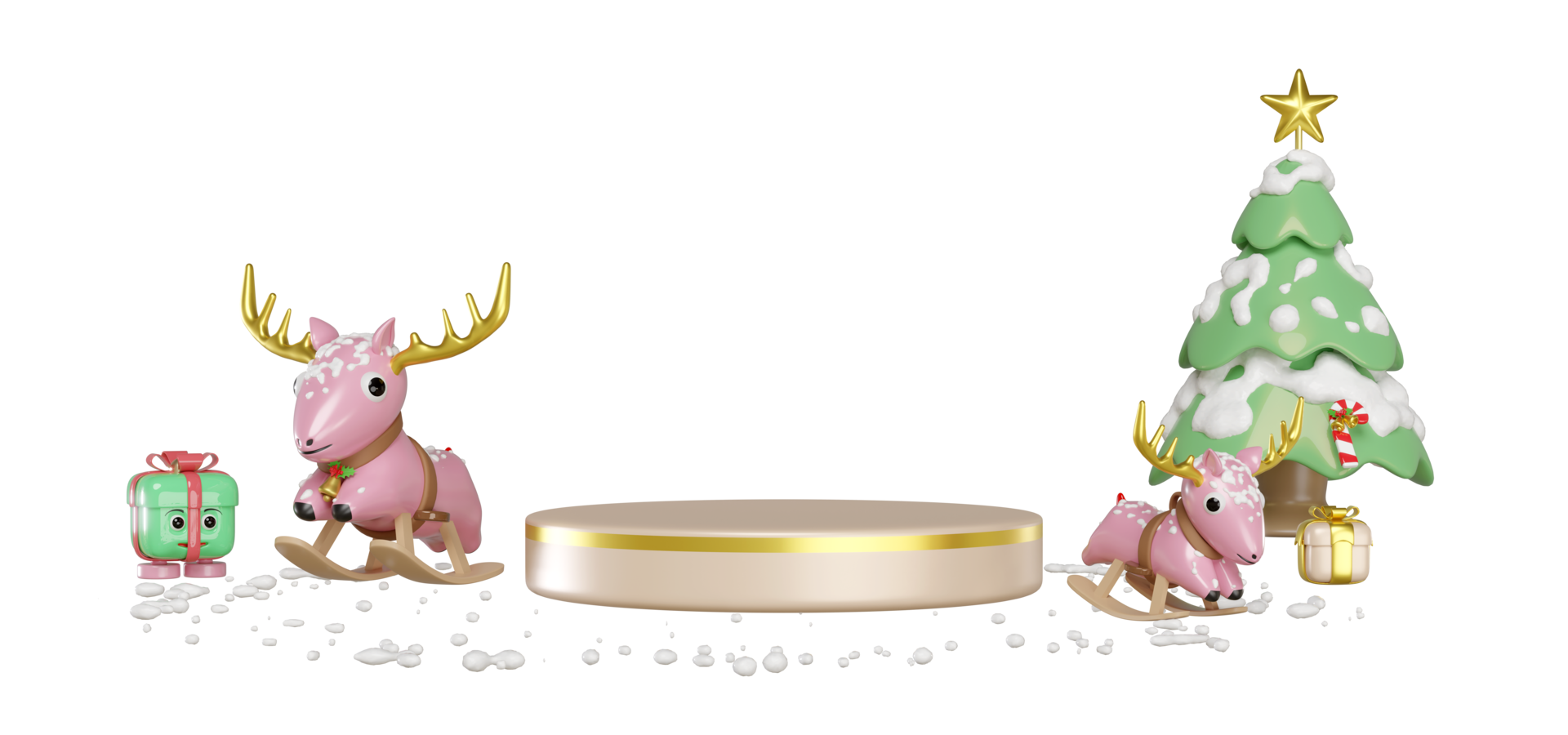 3d podium empty with rocking deer, gift box, christmas tree isolated. merry christmas and happy new year, 3d render illustration png