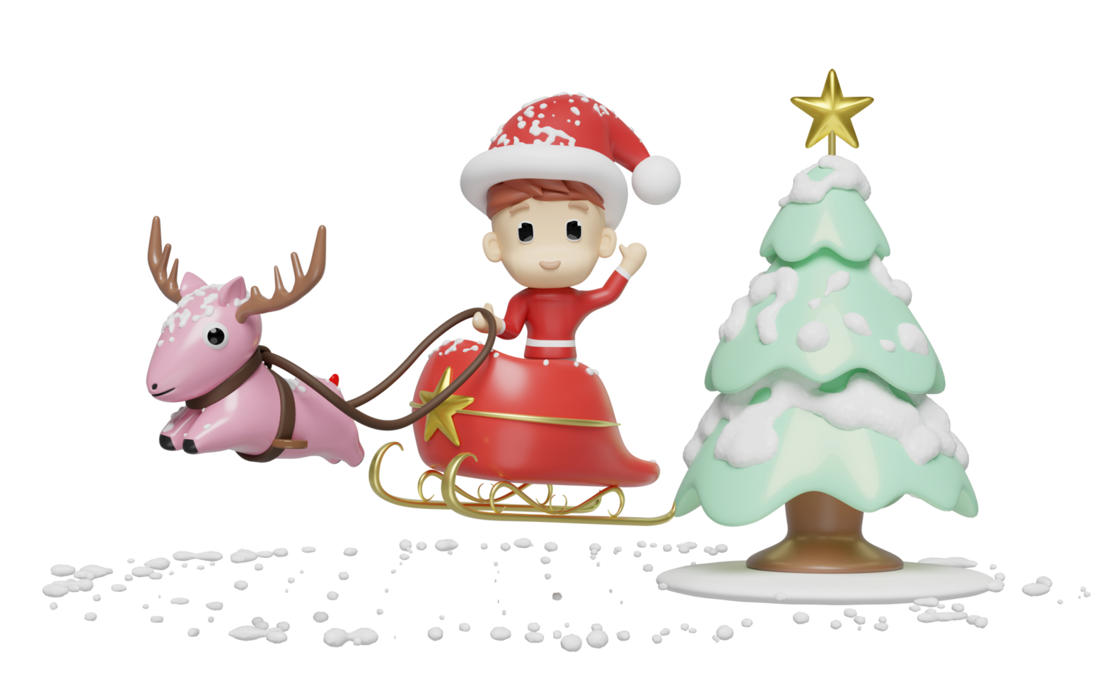 3d santa claus with reindeer, sleigh, christmas tree isolated. merry christmas and happy new year, 3d render illustration png