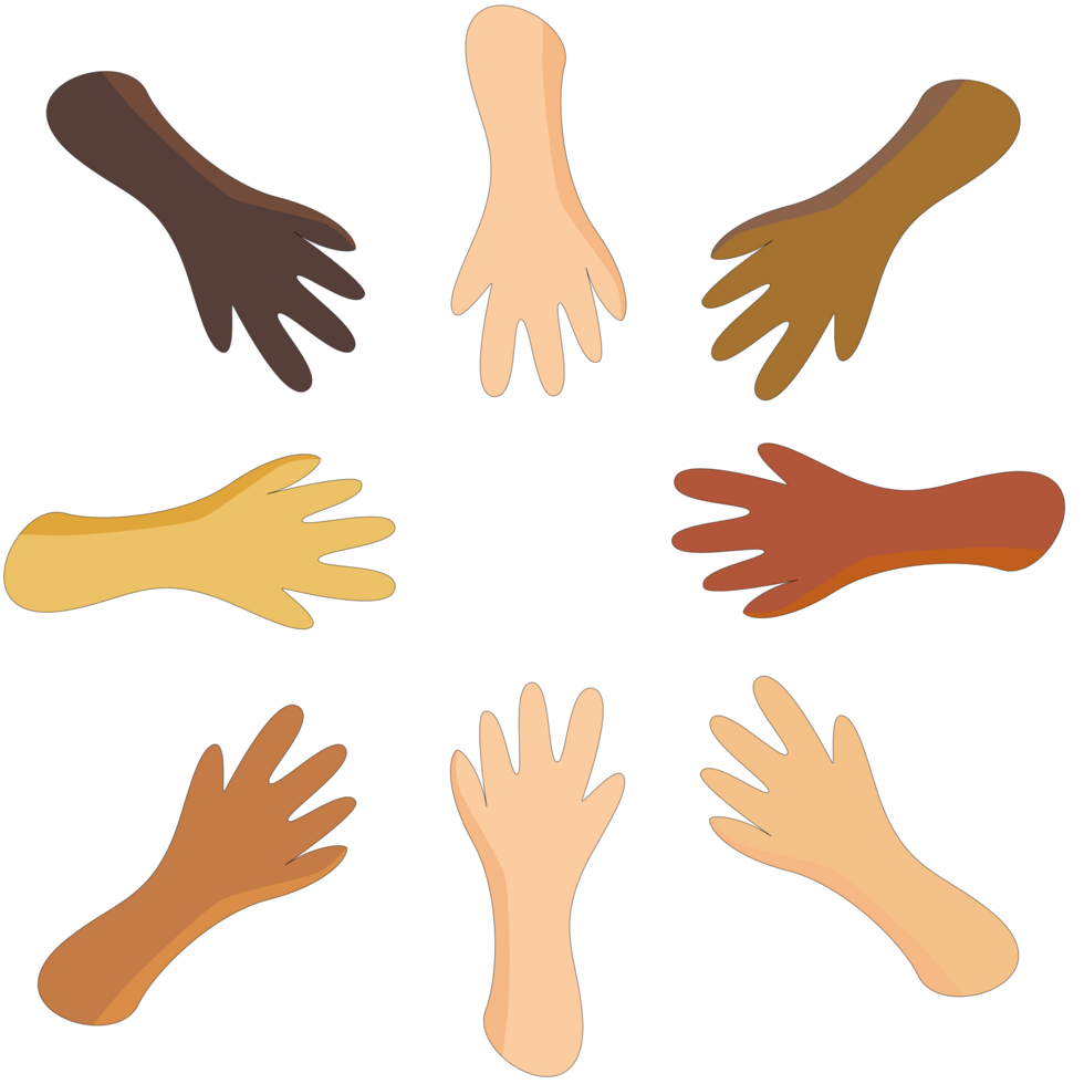 Multi ethnic group holding 8 hands. Unity, support and collaboration concept png