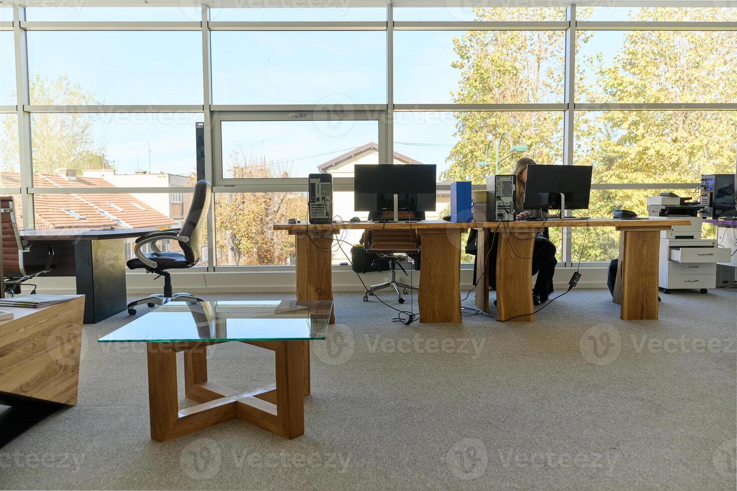 Modern Office Interior with Wooden Furniture, Conference Table, and Computers photo