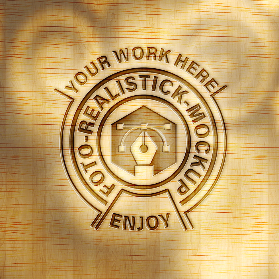 Photo realistic wood engraved logo mockup psd